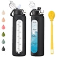 thumbnail image 1 of Botellas de agua de vidrio de 32 onzas con 2 tapas - Tapa con Asa y Pitillo y Tapa con Pajita, botella de agua de borosilicato motivacional de 1 litro con marcador de tiempo y funda de, 1 of 4