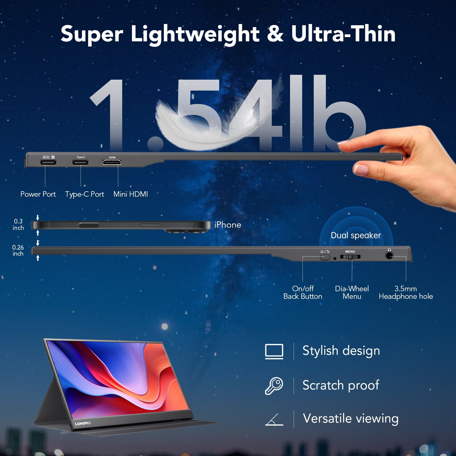 15.6 Inch Portable Monitor 1080P FHD IPS Gaming Display Monitor with USB-C & HDMI Light Weight Ultra-Slim External Second Screen with Smart Cover & Speakers for Laptop，PC, Mac, Phone, PS5, Switch
