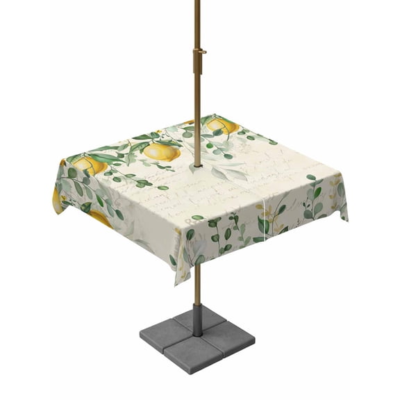 Outdoor Tablecloth with Umbrella Hole for Patio/Picnic/Party/Camping, Eucalyptus Leaves Lemon Waterproof Table Cloth Square Cover Washable, Summer Vintage Fruits Yellow Green (60"x 60")
