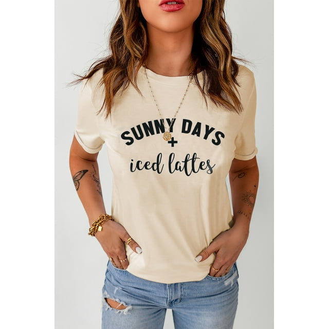 ABPHQTO Camiseta caqui de manga corta con estampado de SUNNY DAYS + Iced Lattes para mujer