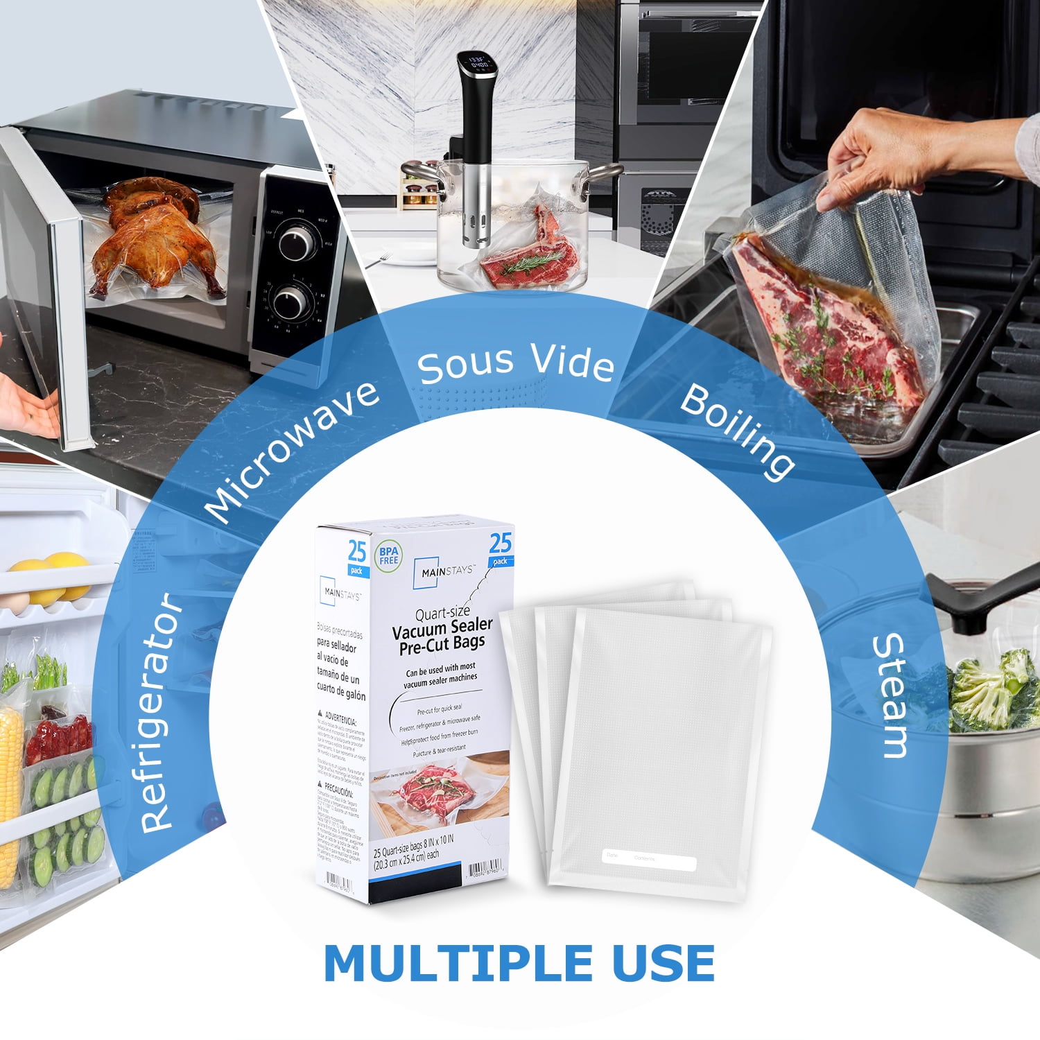 (2 pack) Mainstays Quart Vacuum Sealer Bags (8" x 12"), 25-Count BPA-Free Vacuum Seal Bags for Food Storage and Sous Vide, Works With All Brands Food Vacuum Sealer Machines