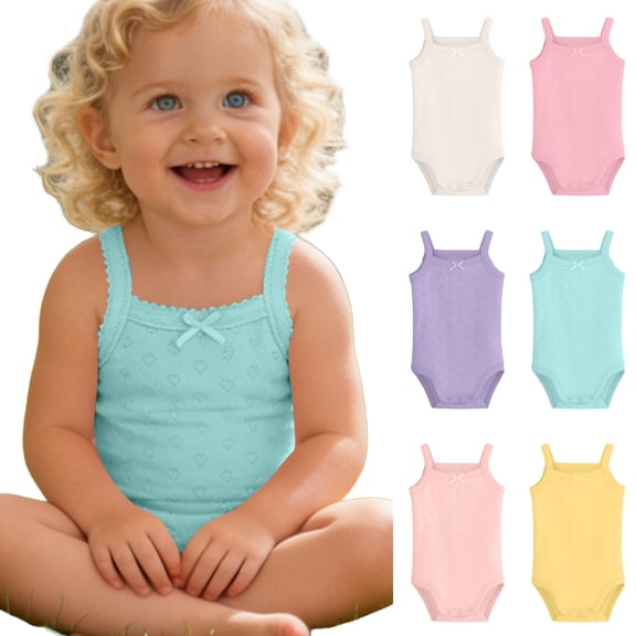 Paiwinds Summer Toddler Girls Sleeveless Bodysuit Scoop Neck Spaghetti Strap Bow Embossed Romper Casual Stretch Regular Fit Onesies for Baby Girls