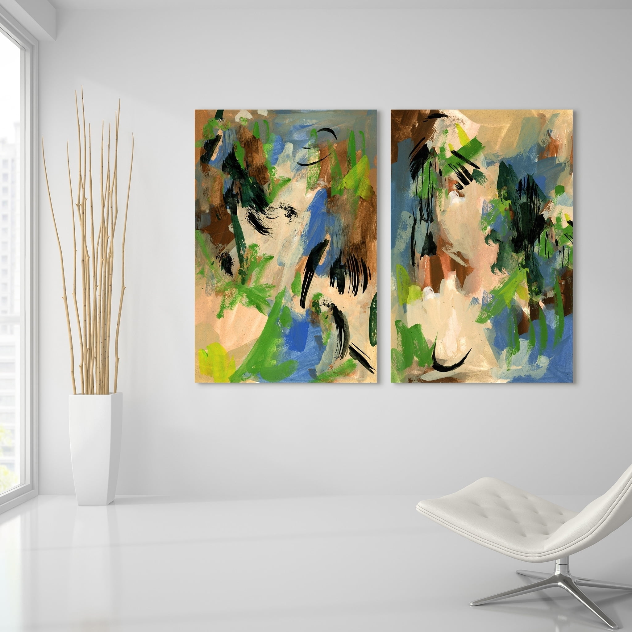 Empire Art Direct Linen & Blues I & II Frameless Free Floating Tempered Glass Panel Graphic Wall Art, 48" x 32" each, Ready to Hang
