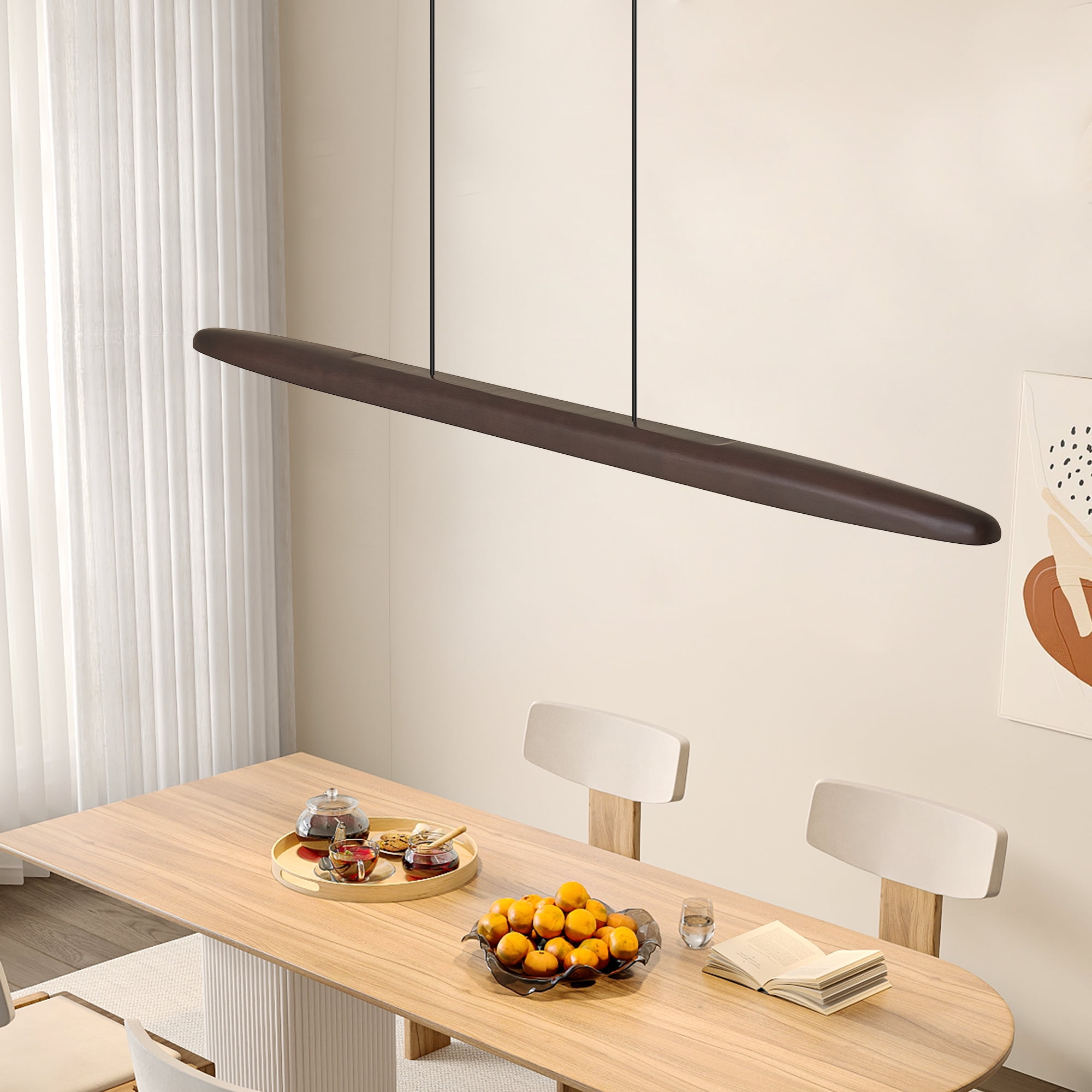 51 Inch Wood Linear Pendant Light Dimmable LED Fixture with Remote for Dining Room Kitchen Island
