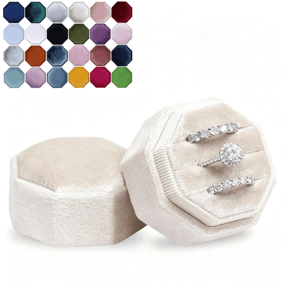DESIGNICE Velvet 3 Slots Jewelry Ring Box Engagement Wedding Box Keepsake Box Bridal Photo Ring Triple Slots Octagon(Champagne)Small Jewelry Box