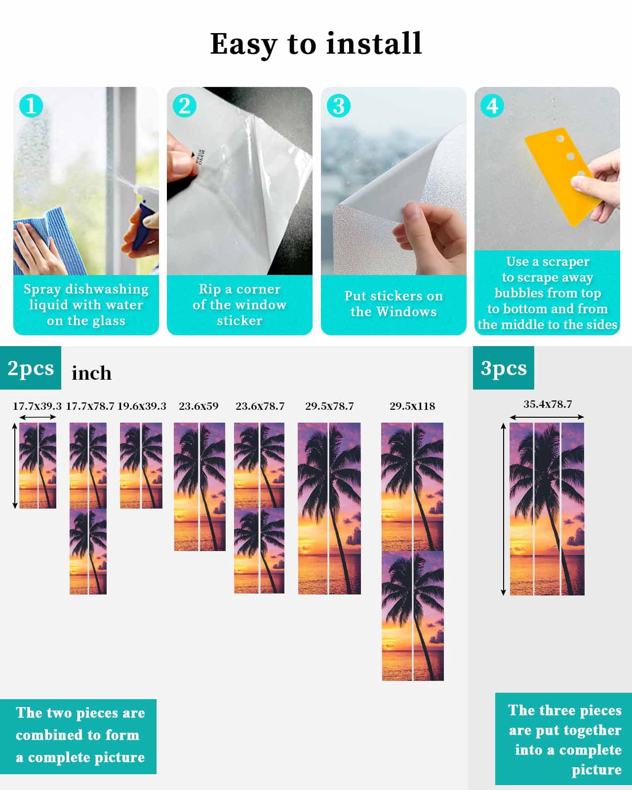 Window Privacy Film Summer Sunset Stained Glass Window Film Decorative Sun Block Window Cover Ocean Seaside Sky Cloud Scenery Palm Tree Window Clings Static Adhesive Sticker for Bathroom 23.6"x59"