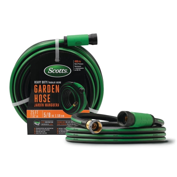 Scotts 25ft Ultra Heavy Duty Garden Hose, 5/8-Inch Vinyl, 400 PSI Burst Pressure, Kink-Free, Crush-Proof Couplings, Black/Green