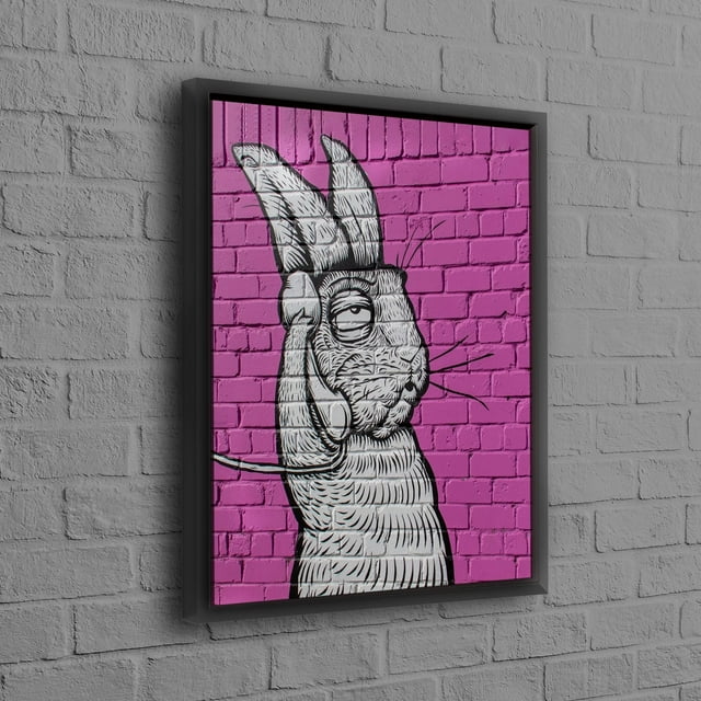 White Rabbit Engaged in a Phone Conversation Displayed on Modern Canvas Wall Art with Hanging Floating Frame