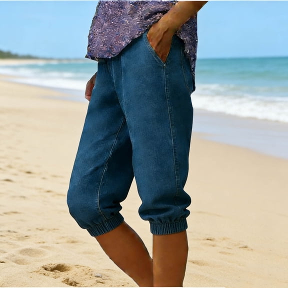 Sakmal Denim Capri Jeans Women Cropped Straight Leg Pants Lightweight Solid Beach Vacation Capris for Women L