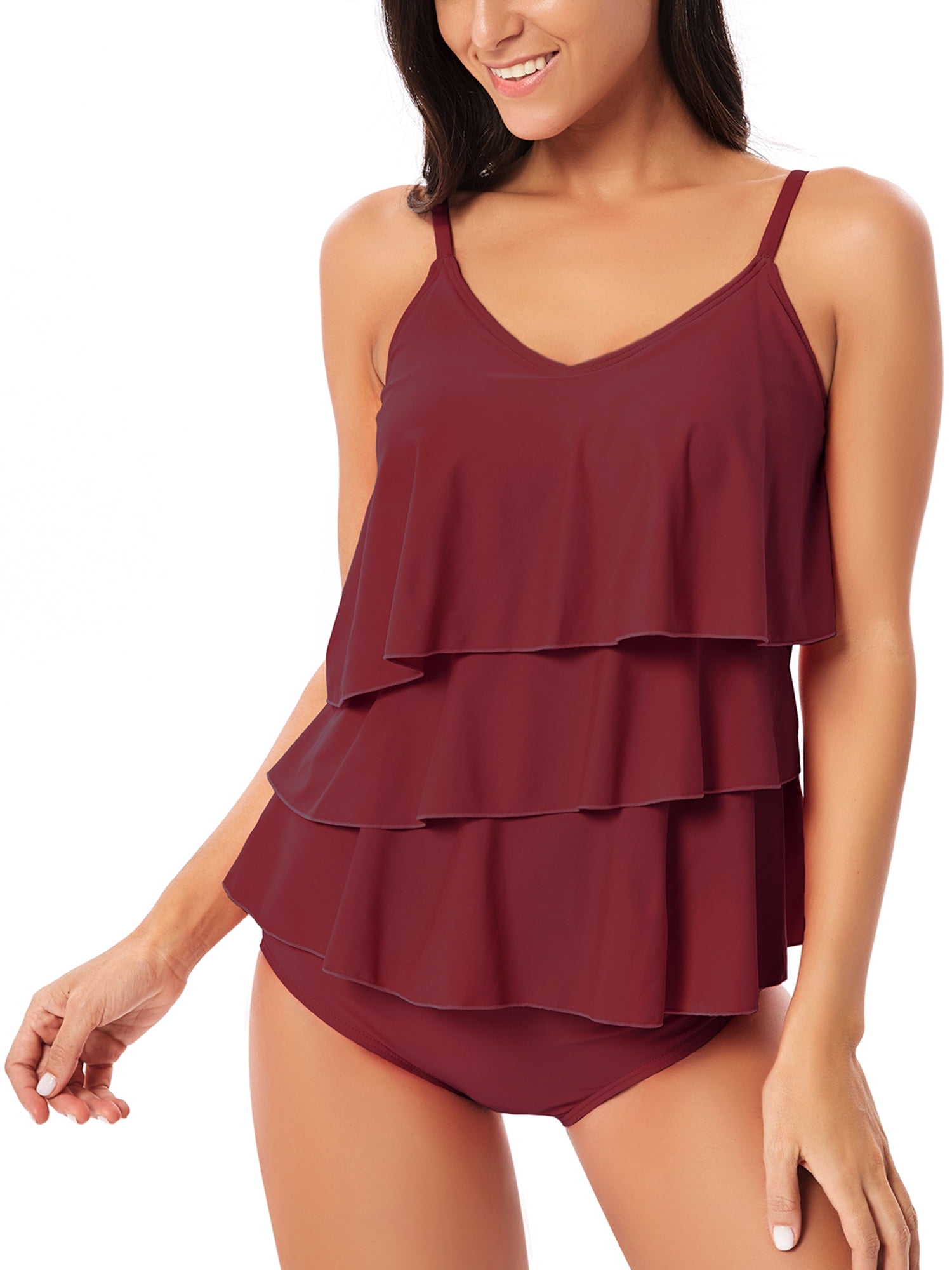 US Sexy Women Ladies Ruffled Tummy Control Swimwear Top+Swim Briefs