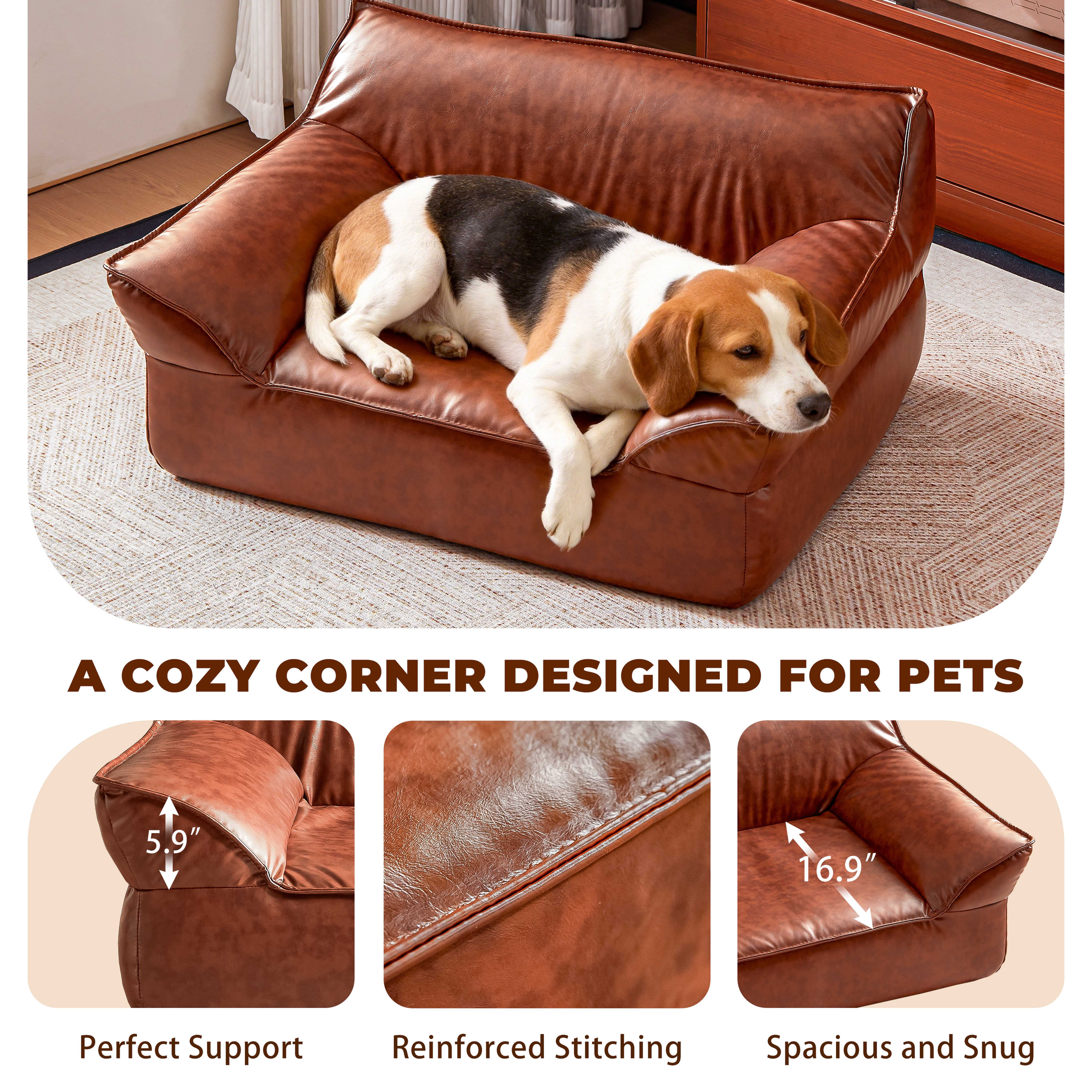 ATJafurn 31.5''W Leather Brown Dog Bed Sofa, Mid-Century Modern Pet Bed Couch for Medium Dogs up to 50lbs with Removable & Washable Cover