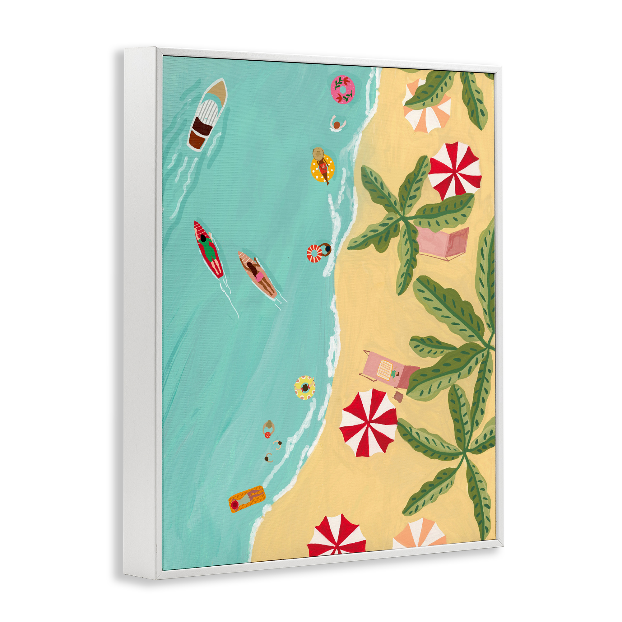 Busy Beach Day Hangout White Framed Giclee Art, design by Nabeela Rumi