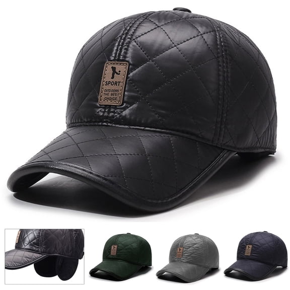 Men's Adjustable Baseball Cap with Ear Flaps PU Leather Quilted Style Warm Hat