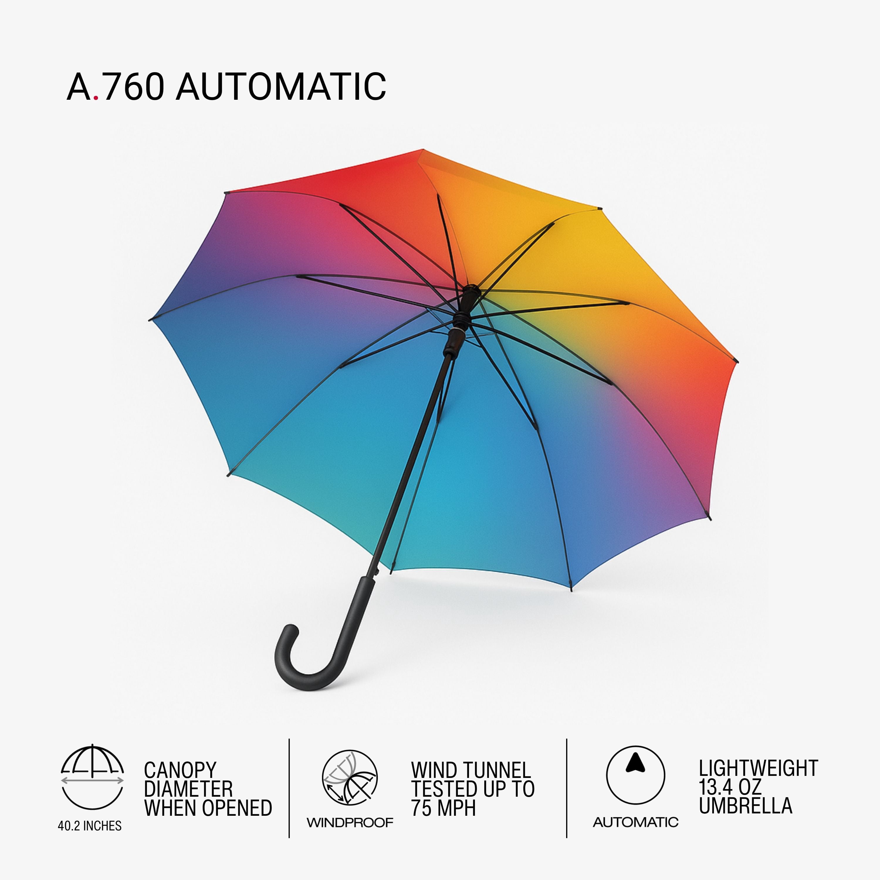Knirps A.760 Curved Handle Rain Umbrella for Adults in Rainbow – 42" Windproof Automatic Open Canopy, Ultra Lightweight Steel Aluminum Frame with Large Button, Rounded Tips, Polyester Case Included