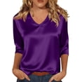 thumbnail image 3 of 3/4 Sleeve V Neck Women's Blouses Silk Satin Casual Dressy Tops Loose Fit Lightweight Soft Breathable Business Work Shirts, #02 Purple, XL, 3 of 7