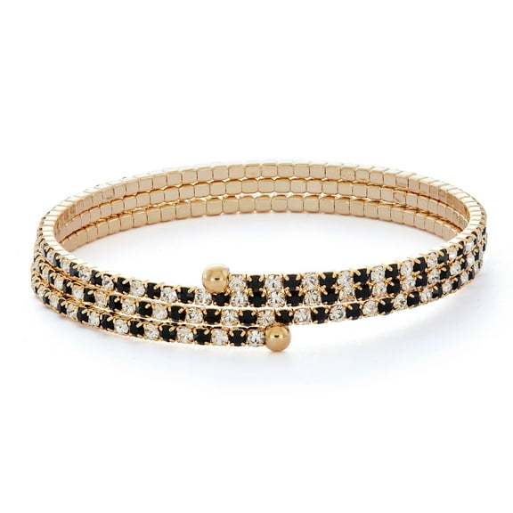 X & O 14KT Gold Plated Crystal Three Row Flex Bangle in Jet and White Crystal Combination