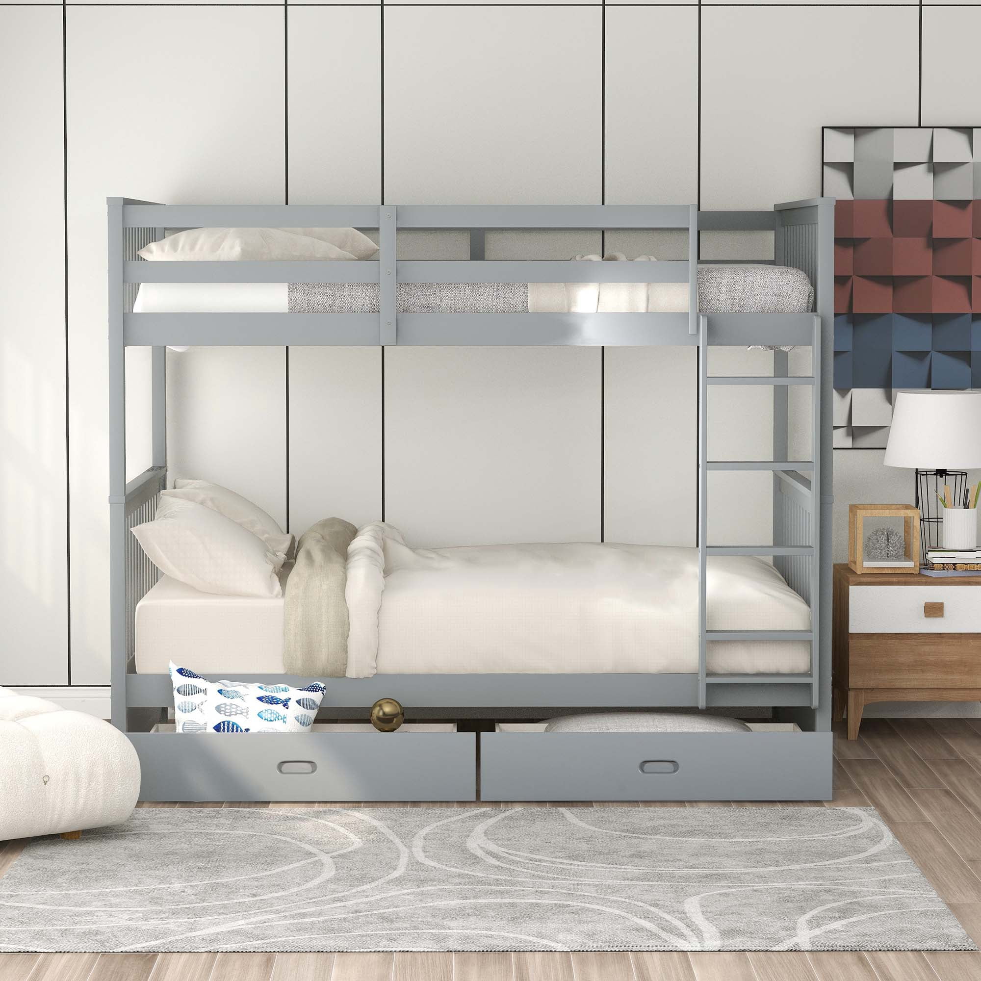 Aukfa Twin over Twin Bunk Bed with Two Storage Drawers, Wood Convertible Two Bed for Kids Teens - Gray
