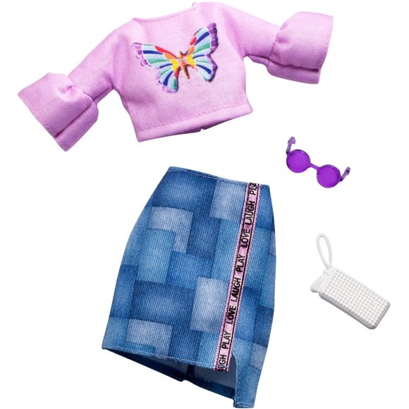 Barbie Coffret Tenue Haut Papillon rose et jupe en denim