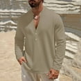 thumbnail image 2 of Eryao Mens Henley Shirts Long Sleeve Half Button Linen Stand Collar Casual Tops Lightweight Solid Color Cotton Tee,Khaki,M, 2 of 6
