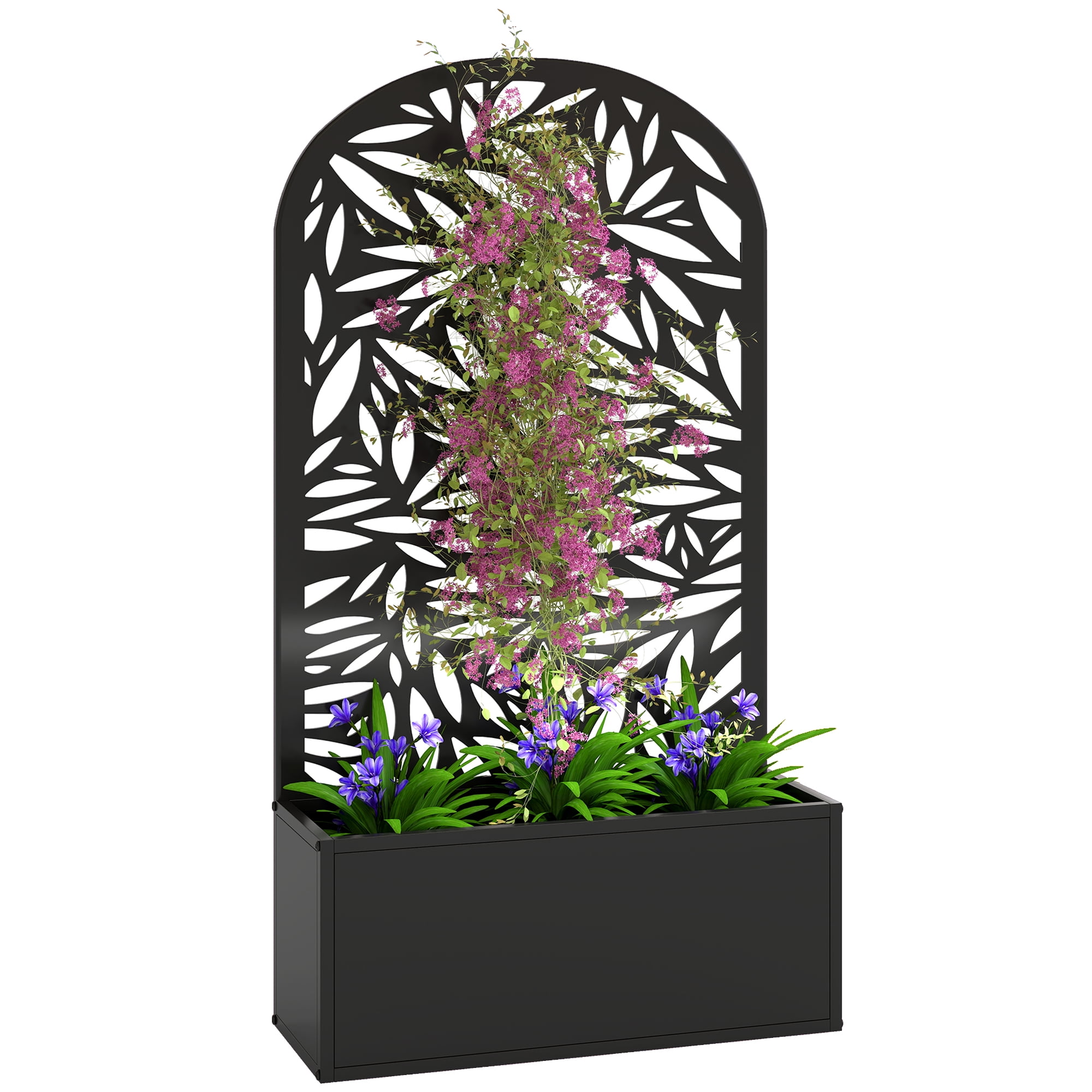 Outsunny Metal Raised Garden Bed with Trellis, Freestanding or Wall Mounted Raised Flower Bed with Curved Privacy Panel for Garden, Patio, Balcony