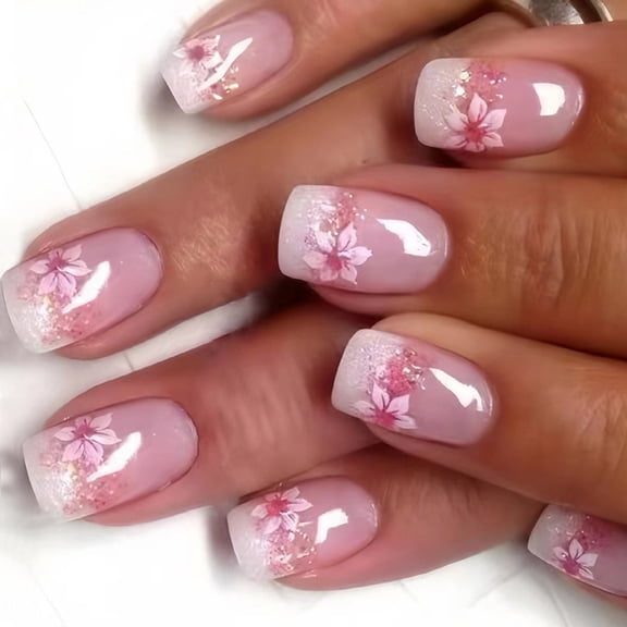 Flower Set Short Artificial Nails with Flowers on Nails Acrylic Nails Manicure for Women 24Pcs