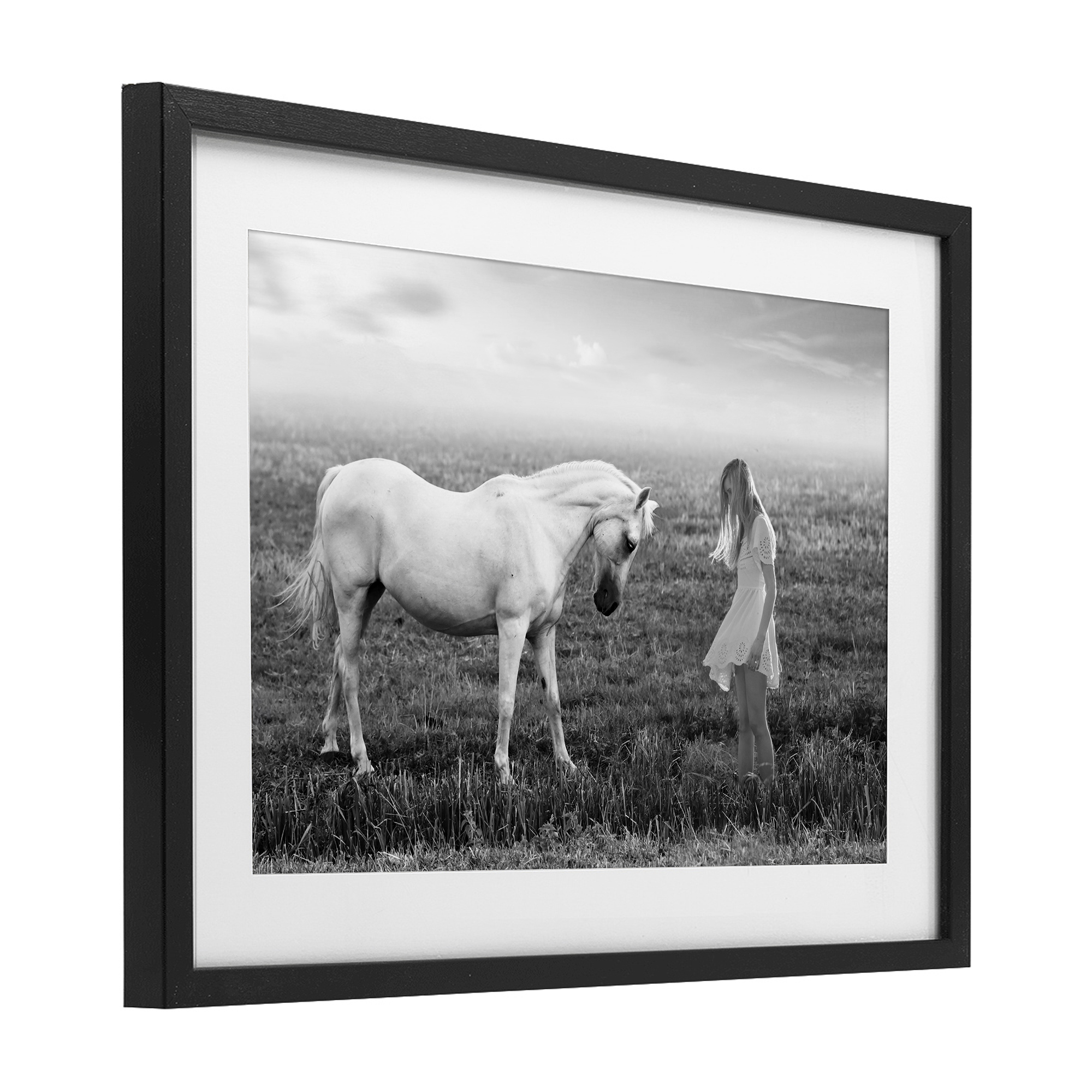 Her White Horse Black Framed Print Under Glass, design by Ata Alishahi