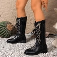 thumbnail image 3 of Lace up Cowboy Boots for Women Round Toe Embroidery Mid Calf Western Boots Casual Long Booties, 3 of 7