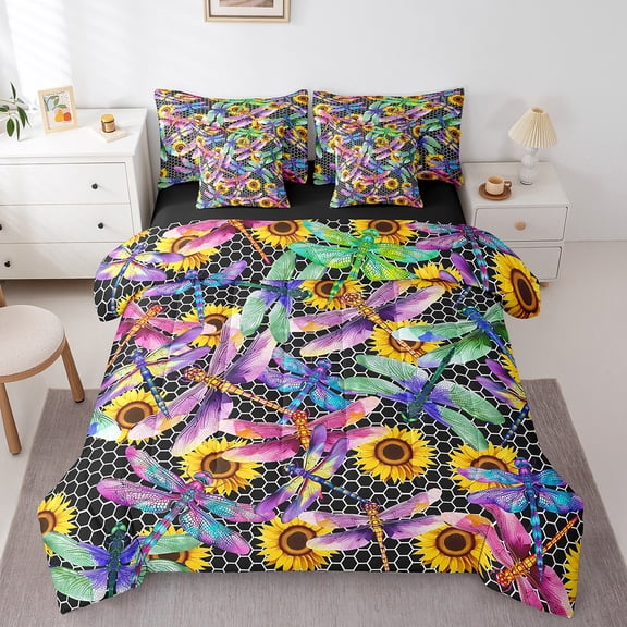 Erosebridal Boho Dragonfly Bedding Twin Size, Sunflower Bed in a Bag Twin size, Honeycomb Reversible Bed Set, Super Cozy Room Decoration, 7-Piece