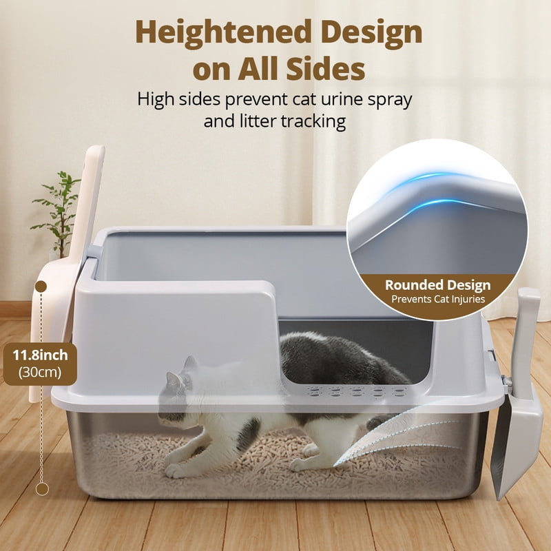 DOMIPET Extra Large Stainless Steel Cat Litter Box, Metal Litter Pan With Lid, 2x Scoop, High Sided, Leak-Proof & Easy Cleaning