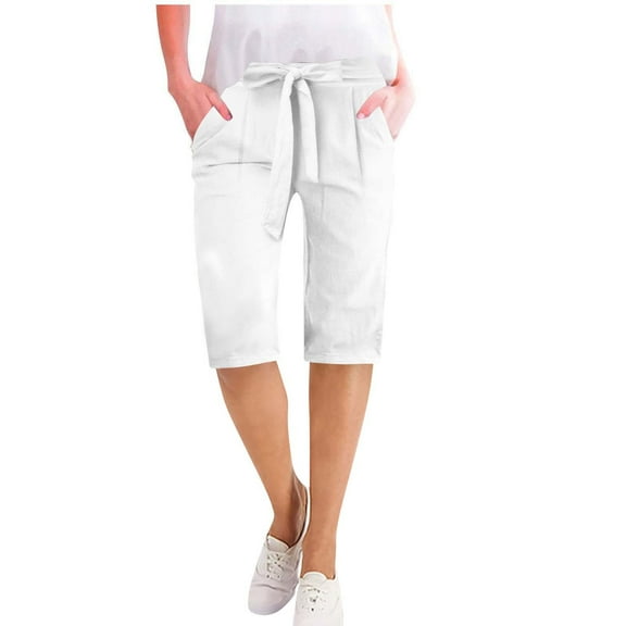 Lenpel Bermuda Shorts for Women High Waisted Tie Front Knee Length Cotton Linen Shorts Summer Casual Shorts with Pockets