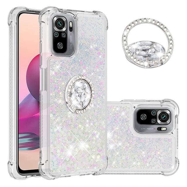 Funda para Xiaomi Redmi Note 10S 4G/Note 10 4G con Brillo Líquido Flotante, Purpurina, Parachoques y Anillo Giratorio Soporte