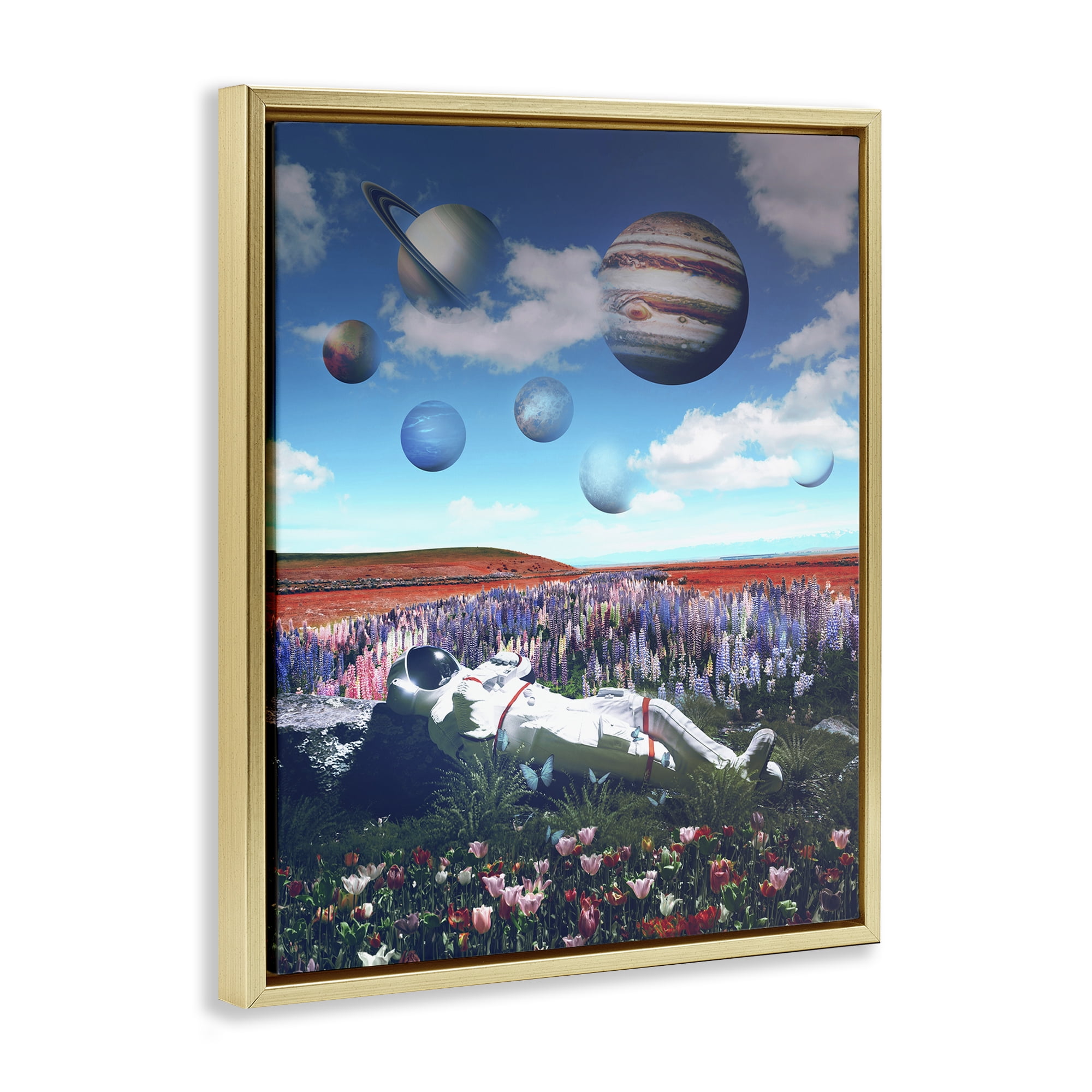 Stupell Industries Astronaut & Overhead Planets Astrology & Stars Painting Gold Floater Framed Canvas Art Print Wall Art, 17 x 21
