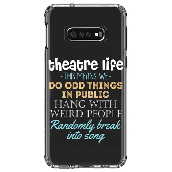 DistinctInk Clear Shockproof Hybrid Case for Samsung Galaxy S10e (5.8" Screen) - TPU Bumper Acrylic Back Tempered Glass Screen Protector - Theatre Life - Odd Things in Public