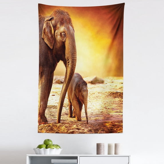 Zoo Tapestry, Mother and Family in Kenya Safari Landscape Environment, Fabric Wall Hanging Decor for Bedroom Living Room Dorm, 5 Sizes, Dark Orange Orange, by Ambesonne