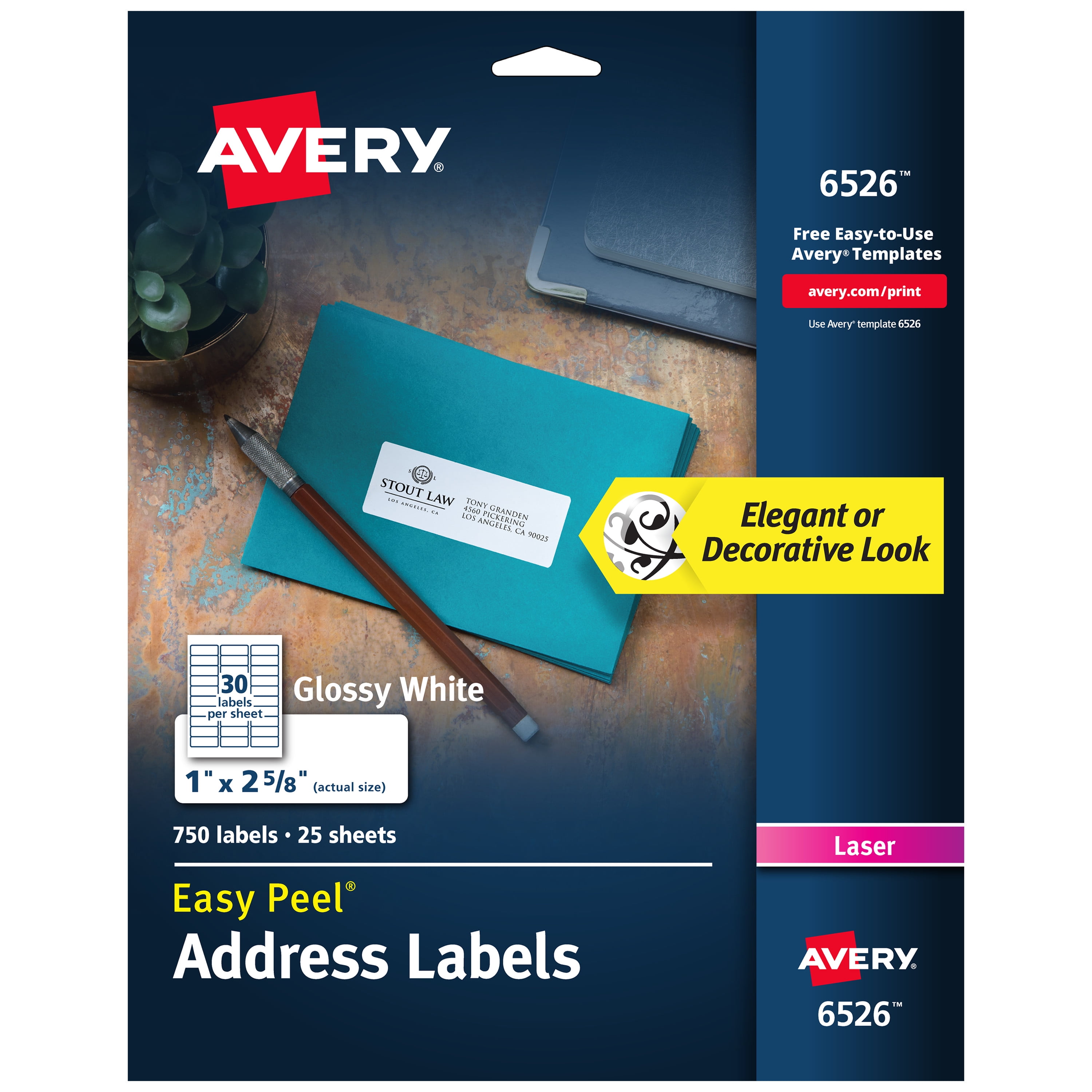 Avery Address Labels, Sure Feed  Technology, Laser Only, 1' x 2-5/8', 750 Glossy Labels (6526)