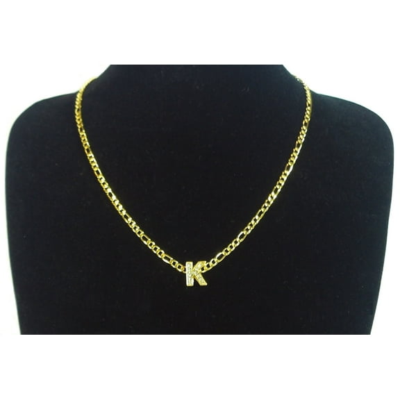 18K Yellow Gold-Plated 18-Inches Figaro Initial Letter K Pendant Bling Charm Chain Necklace Set Gift