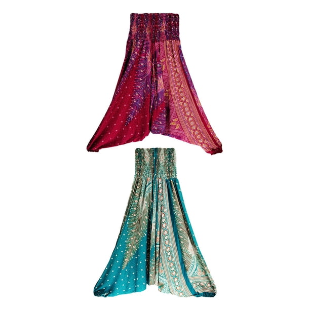 Pantalones holgados de cintura elástica para mujer, estilo bohemio, largos, estampados florales, estilo playero. Vino Tinto Verde