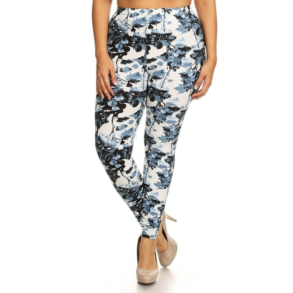 Plus Size Floral Print, Full Length Leggings In A Slim Fitting Style With A Banded High Waist