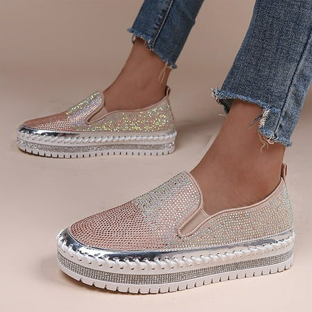 

Foraging dimple Shoes for Women Mixed Colors Canvas Crystal Sequins Flat Platform Pumps Shoes Pink