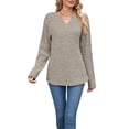 thumbnail image 2 of Women Long Sleeve Shirts Dressy Casual Button V Neck Pullover Sweaters Jumper Tops Fall Outfits Khaki S, 2 of 9