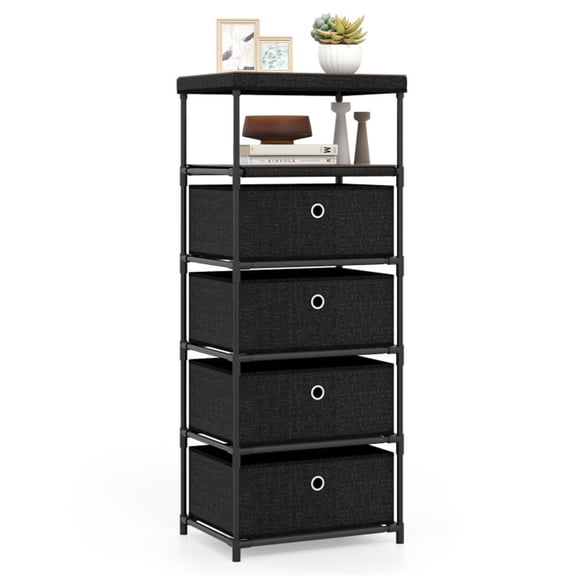 4-Drawer Fabric Storage Cabinet - Removable Foldable Drawers, Industrial Wood Top, Metal Frame with Anti-Tipping Kits (Rustic Brown/Black)