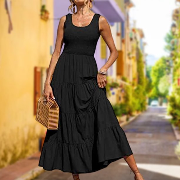 Vestido Largo Mujeres Beach Sling Vestido largo Pullover Sólido Simple Ropa de verano (Negro S) Cgtredaw Para estrenar