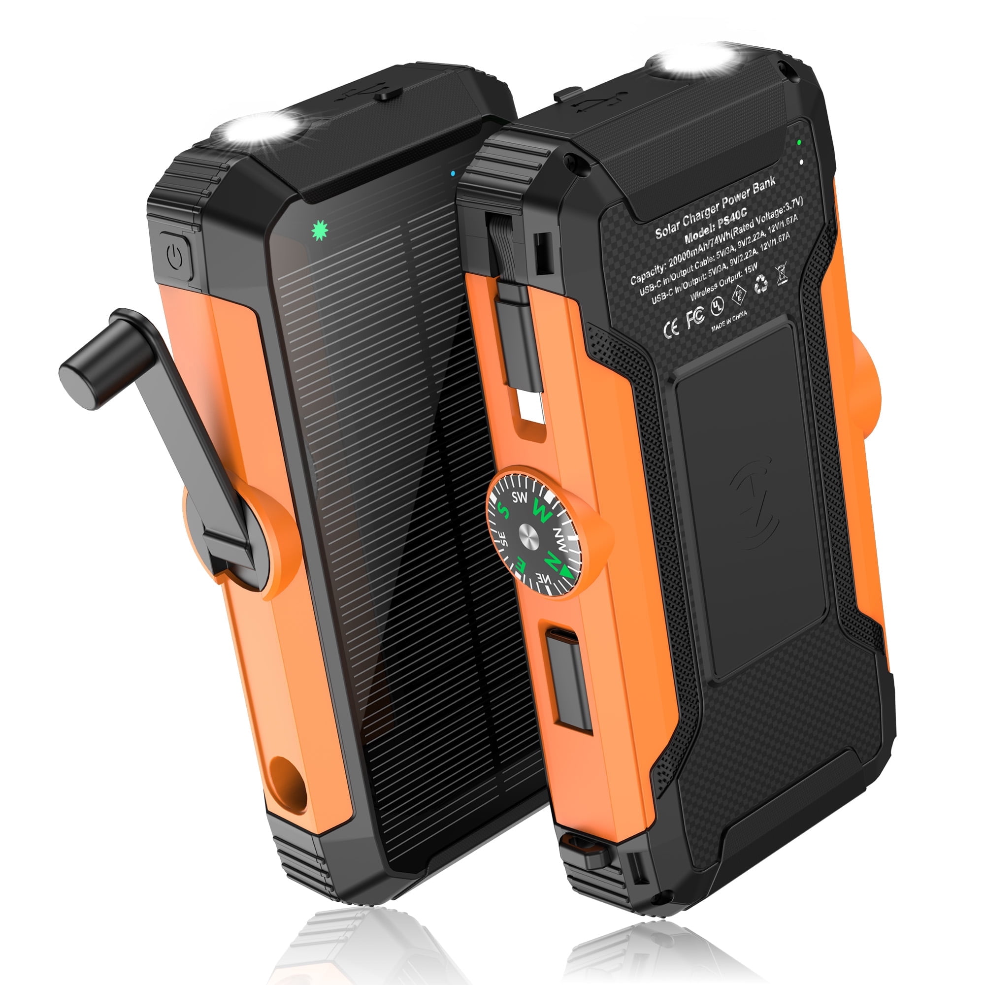 20000mAh Solar Power Bank Built in Retractable Cable and Hand Crank, Wireless Portable Charger with Flashlight & Compass, 22.5W Fast Charge Battery Pack for Camping Hiking Outdoor Travel Essentials