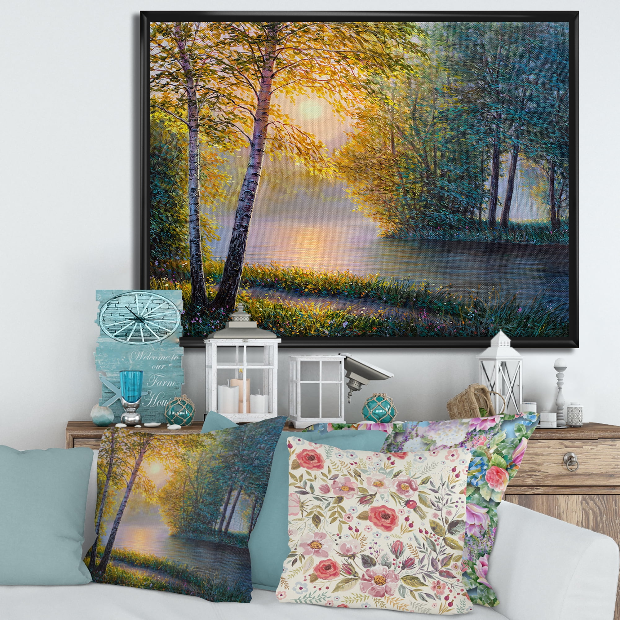Sunrise Summer With Beautiful River Spring Forest 32 in x 24 in Framed Photography Canvas Art Print, by Designart