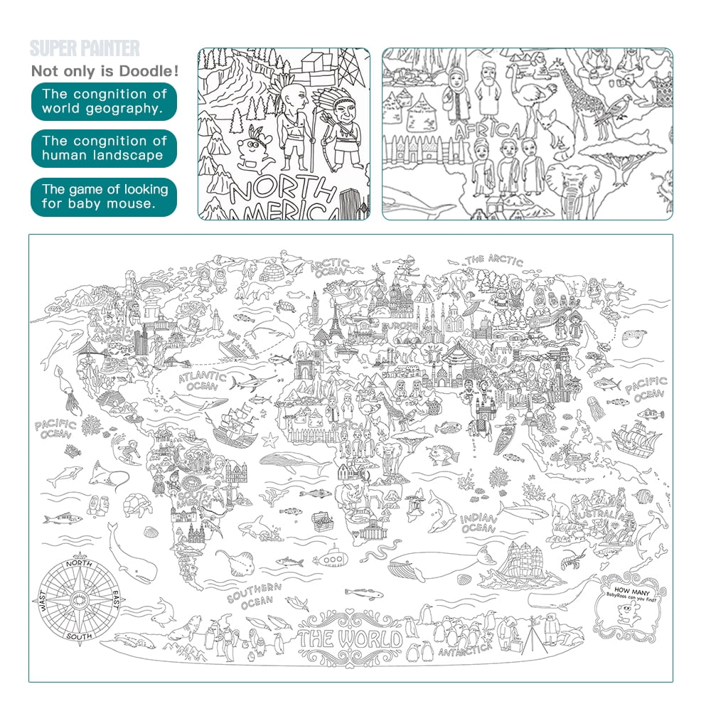 Kids World Map Coloring Poster - 35 x 52 Inch Giant Coloring Poster for Kids