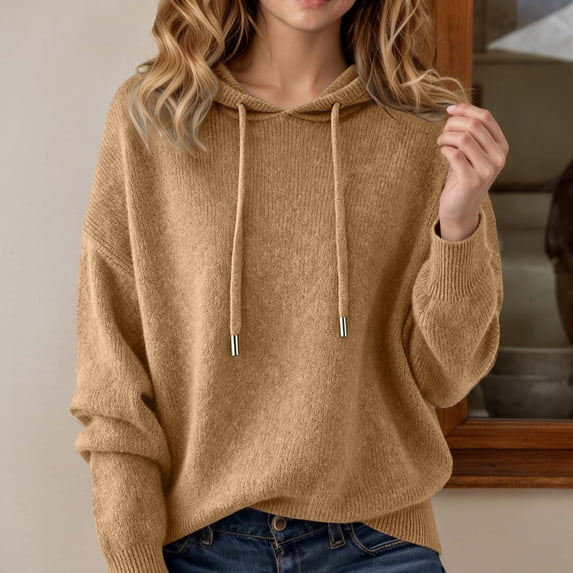 Sweater Hoodie for Women 2026 Long Sleeve Fashion Knit Plain Hooded Sweatshirt Pullover Top