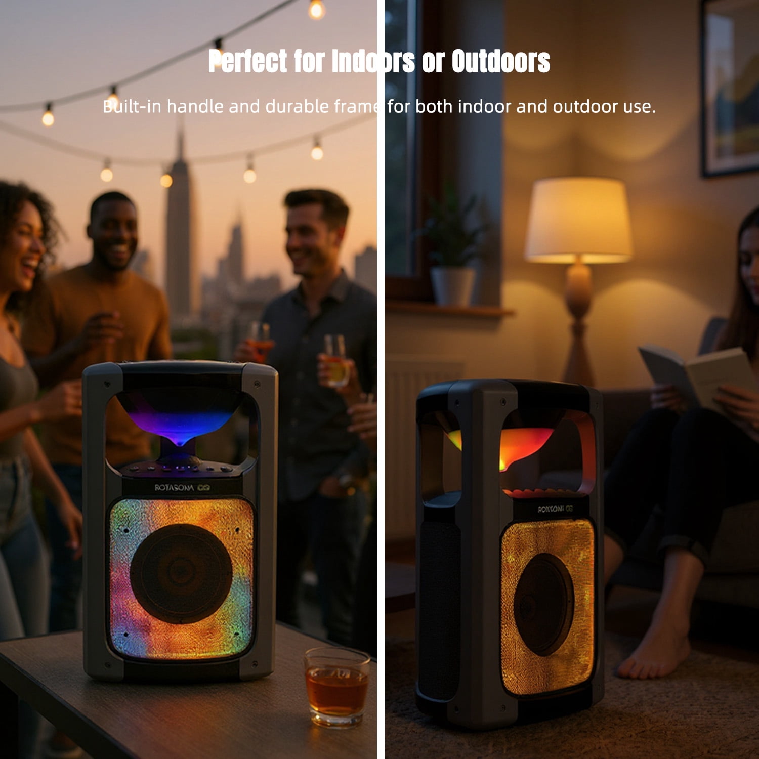 Rotasona Go Portable Bluetooth Party Speaker with RGB Lights, 360 Sound, Deep Bass, USB Playback, IPX4 Water Resistant, Black