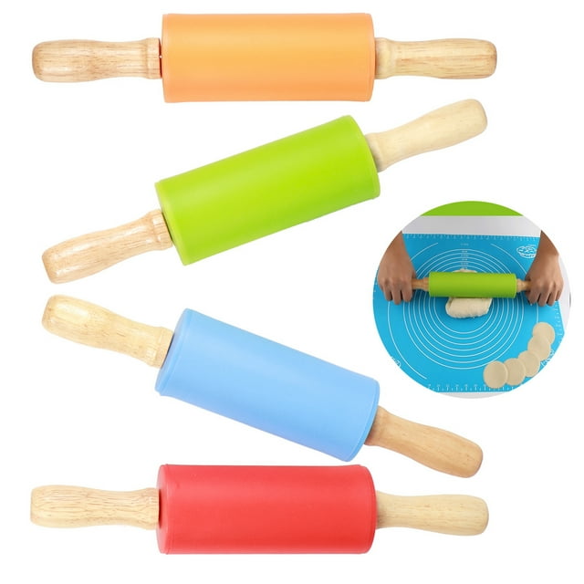 Fugacal 4PCS Mini Rolling Pin Wooden Handle Non‑Stick Silicone Rolling Pins for Home Kitchen Children Baking Tool,Mini Rolling Pin,Dough Rolling Pin