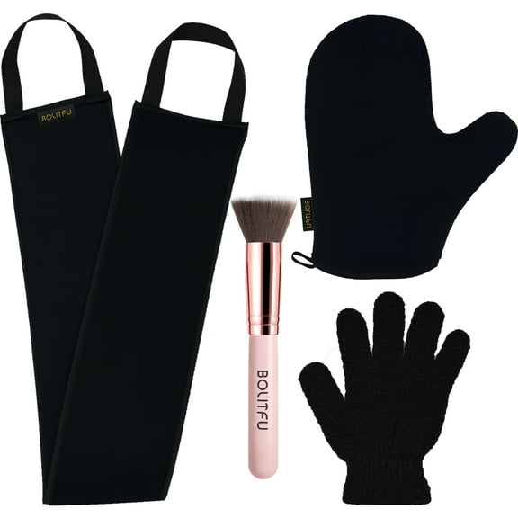 4 Pack Self Tanning Mitt Set, includes 1 Self Tanning Mitt, 1 Self Tan Applicator, 1 Exfoliating Glove, 1 Flat Top Self Tanner Brush