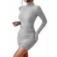 thumbnail image 1 of Vestido Tipo Suéter de Punto Acanalado para Mujer, de Larga, Fruncido, Ajustado, con Cuello Alto y Cintura Alta Gris S, 1 of 9